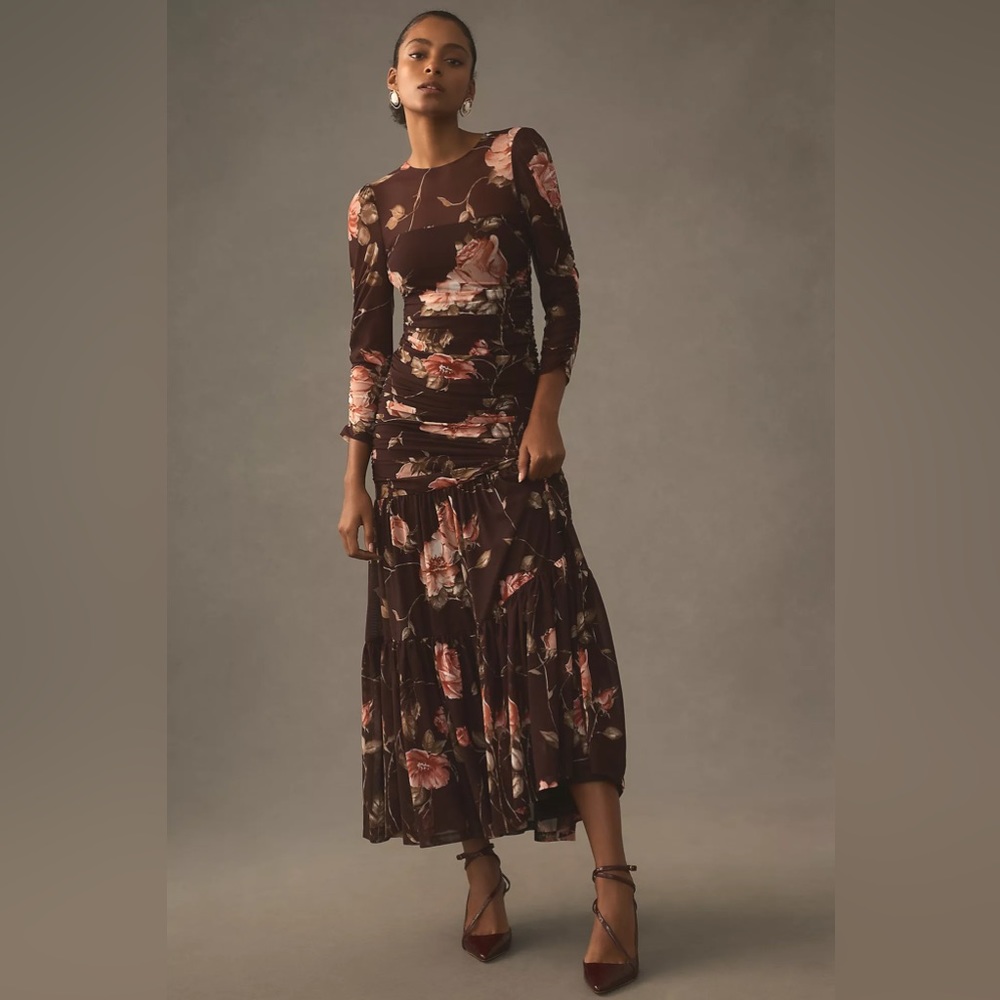 Anthropologie Brown Floral Maxi Dress with Pink Blooms